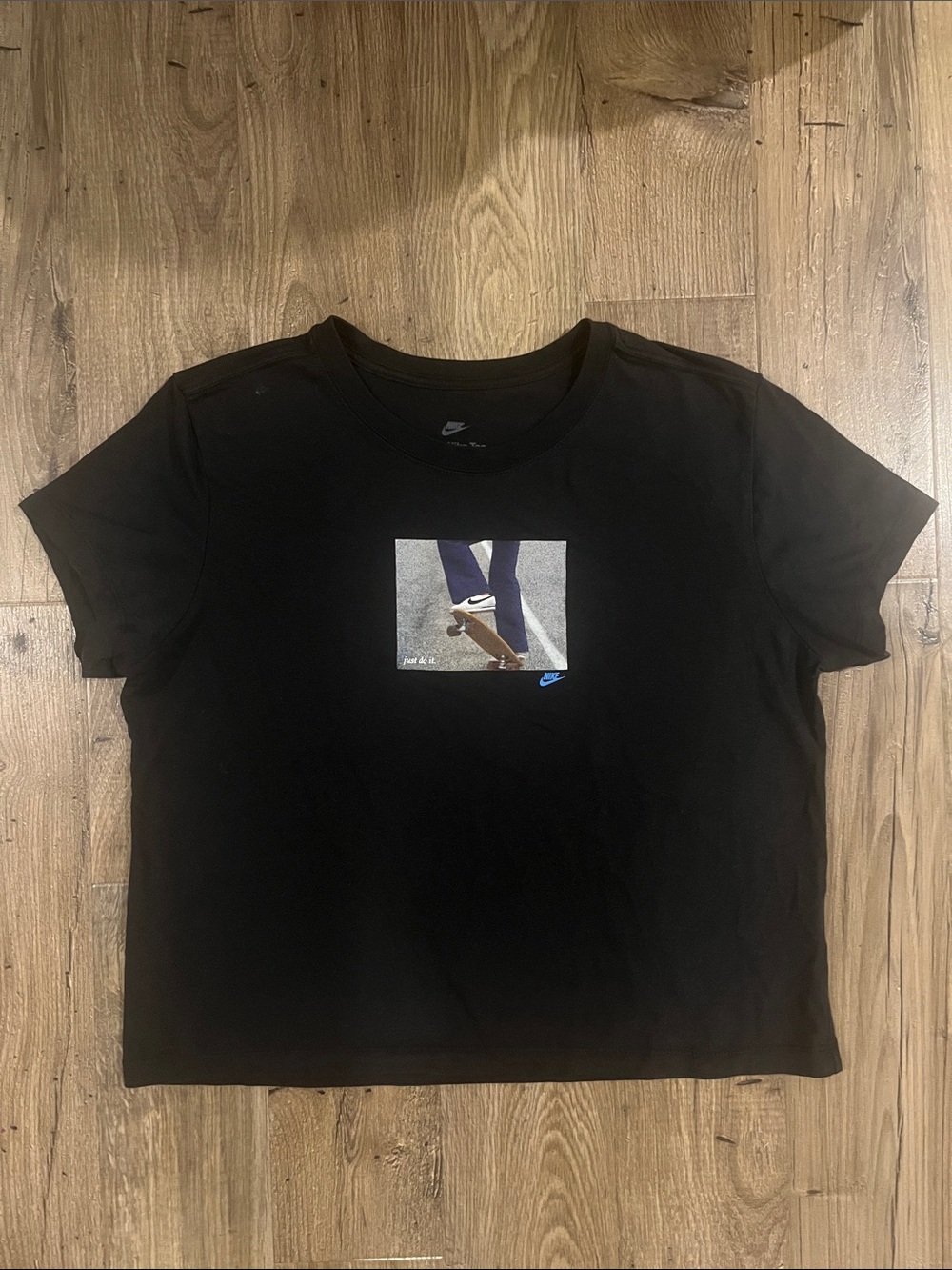 Nike Black Crop Tee with Skate Photo and Blue Swoosh